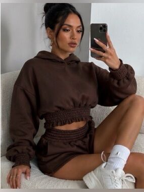 Manière De Voir Chocolate Brown Cropped Hoodie Lounge Set Smocked Waist